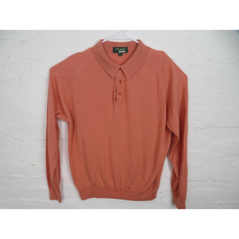 Tom James Sweater Mens XL Salmon Silk Tencel Cashmere Polo Knit Long Sleeve